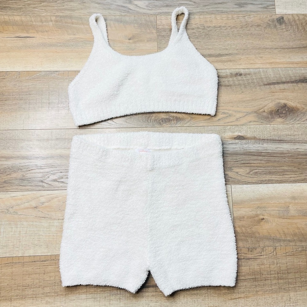 Colsie White Fuzzy Knit Crop Bra Top & Shorts Plush Lounge 2 Piece Set Size L - Picture 3 of 11